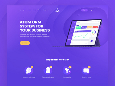Atom CRM - promo site dashboard illustration landing page ux ux ui vector wallet web design