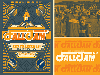 Fall Jam Shirt & Poster blue falljam festival illustration line monoline mountains shirt steeple sticker yellow