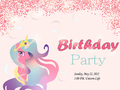 birthday invitation card with unicorn and glitter