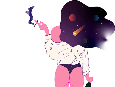 girl in a white blouse with cosmic hair a woman graphic design hair illustration space white shirt