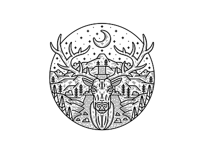 Badlands Brand badge deer design illustration line moon mountain single weight stag tree vector