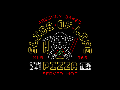 Slice of Life Pizza badge brand branding illustration line logo neon neon sign pizza pizzarea reaper scythe single weight skeleton skull typography vector
