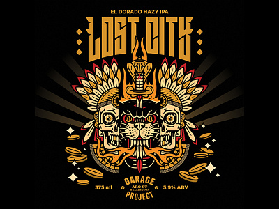 Lost City artwork aztec beer beer can big cat cobra coins colour dagger eldorado fire flames label art lines lost city panther skull tribal tribe vector