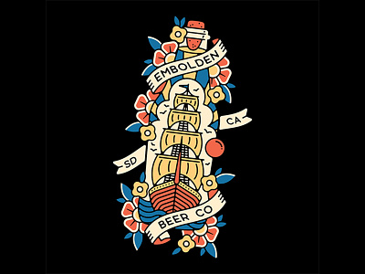 Embolden apparel beer boat bottle clothing craft beer flowers merch sails scroll ship ship in a bottle tall ship tattoo design tattoo flash traditional