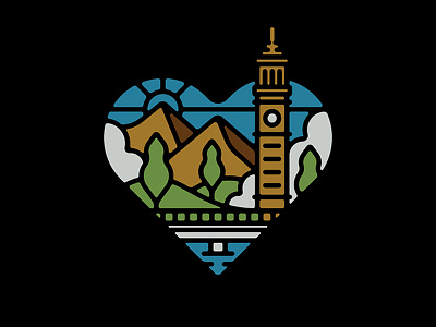 Humble Home Brewery america apparel badge beer bridge clock clocktower clothing craft beer hill hills illustration love heart merch mountain mountains tree trees usa vector
