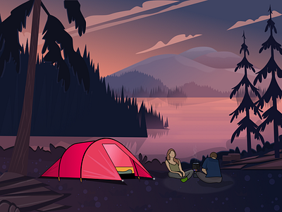 Camping camping couple evening illustration lake mountains nature relax sky tent trees wood