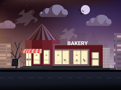 Halloween night at the Bakery bakery cloud fall flat full moon ghost halloween illustration night october31 sky