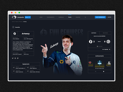 Liquipedia Dota 2 Player Profile Redesign app design concept dota 2 esports esports player game gaming graphic design player player profile profile redesign sports ui user interface web design