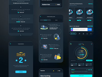 Neomorphism Designs App UI Screen in Figma app blacktheme dashboard figma game gameapp invite level mobile game morphism neomorphism neon play reward ui