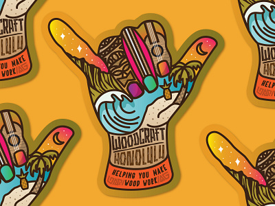 Woodcraft Stickers - Honolulu beach hand hang loose hawaii hawaiin honolulu island moon ocean palm tree shaka sun surf surfboard surfing tropical ukulele wood woodcraft woodworking