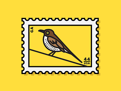 brown thrasher bird icon iconography illustration postage stamp vector yellow
