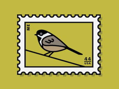 black-capped chickadee bird green icon illustration maine postage stamp vector