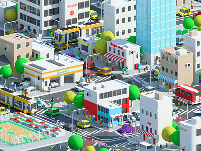 City life 3d arhitecture building cars design isometric render streets traffic vray