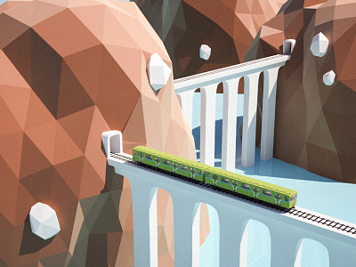 Locomotive 3d game illustration isometric lowpoly modelling mountains rendering texturing water