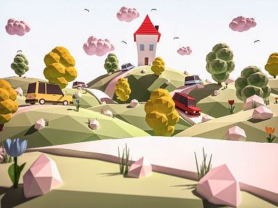 Sunny Day 3d cloud isometric landscape lowpoly model mountains render sky vray