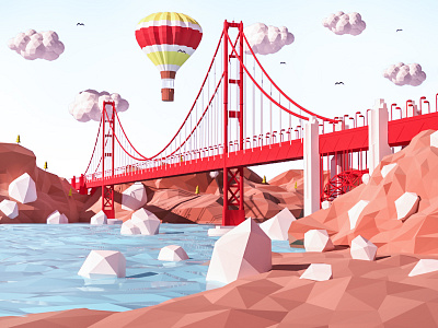 Golden Gate Bridge 3d cloud isometric landscape lowpoly model render sanfrancisco sky vray