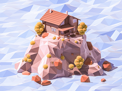 House on the island. 3d house illustrations island iso isometric landscape lowpoly render trees vray water