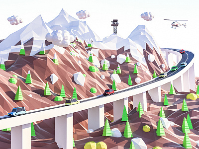 Mountain Road 3d arhitecture clouds game highway illustration landscape lowpoly sky traffic trees vray