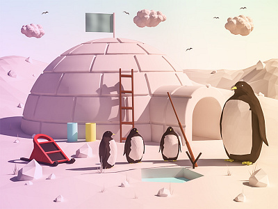 Nothing... 3d building game ios isometric lowpoly penguin render snow vray web white