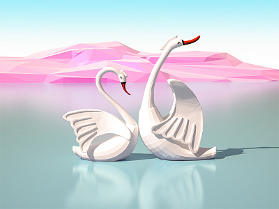 Angry Swan 3d 3dmax friend game illustration ios landscape lowpoly mountains sea sunrays swan