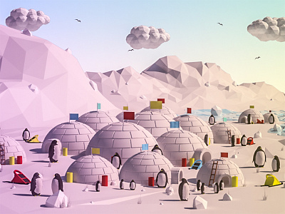 Penguin Village 3d city game ios isometric lowpoly penguin render snow vray web white