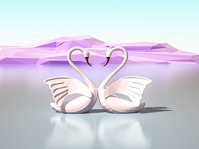 Swans in love 3d 3dmax game illustration ios landscape love lowpoly mountains sea sunrays swan