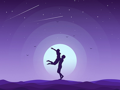 Happiness app clouds dribbble footer illustration landing landscape love moon mountains page