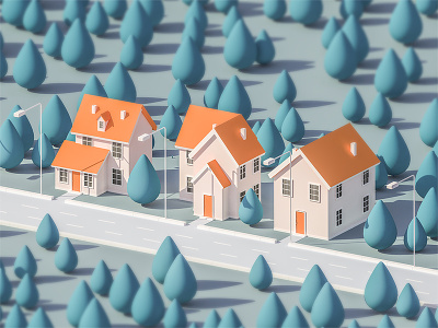 Three houses 3d city colorful house illustration iso isometric low poly lowpoly model modeling