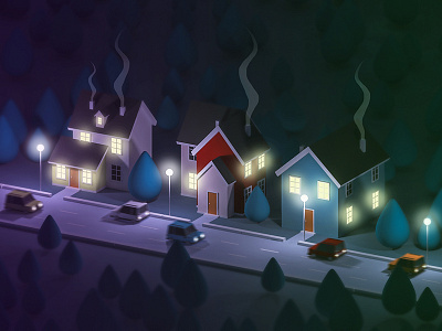 Night Street 3d building city flat game illustration ios iso isometric lowpoly render vector