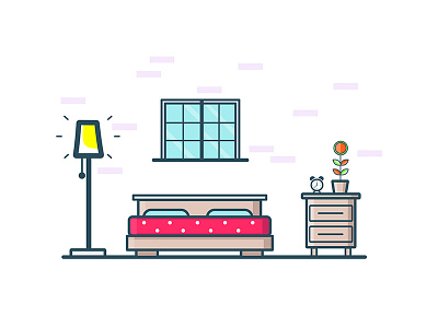 Bedroom 2d bed flat flower furniture icon illustration lamp line sleep vector window