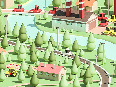 Town 2 (WIP) 3d car city clouds nature river road traffic