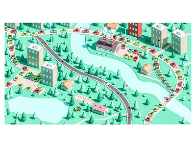 Town - Full image 3d building cars city game illustration low poly lowpoly traffic ui ux web