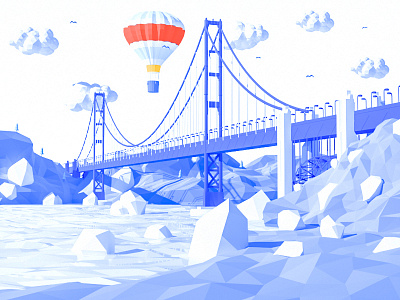 Golden gate 3d bridge building cars city illustration low poly lowpoly nature san francisco ui ux