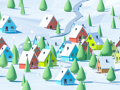 Winter idyll 3d city game illustration landing lowpoly nature texture ui ux web winter