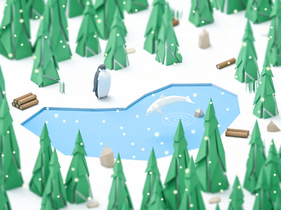 Penguin and Dolphin 3d animal forest lake landing page landscape low poly nature penguin texture trees ui ux