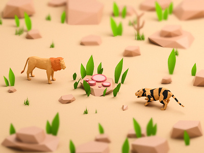 Tiger And Lion 3d animal food interface ios isometric landing page lowpoly nature ui ux web design