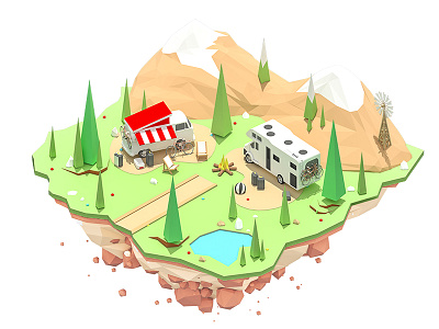 Picnic island 3d animation car city illustration island low lowpoly poly road town ui ux