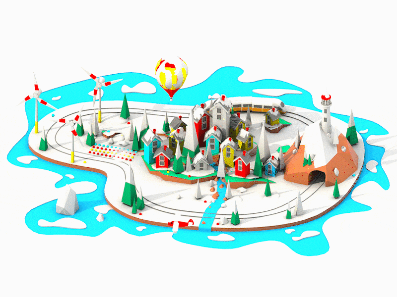 Winter island 3d animation building car city house illustration isometric landscape low poly town train ui ux web design