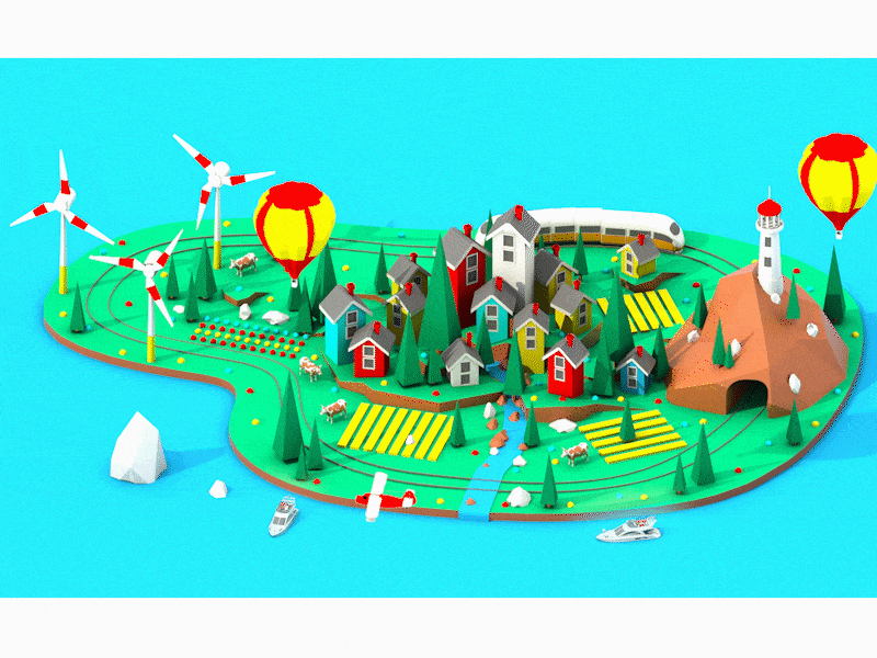 Spring island 3d animation building car city house illustration isometric landscape low poly town train ui ux web design