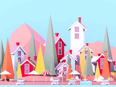 Town 2 3d animation building car city flat illustration landing page low poly town ui ux water web design