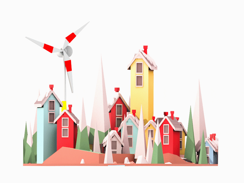 Windmill 3d animation building car city flat illustration landing page low poly town ui ux water web design