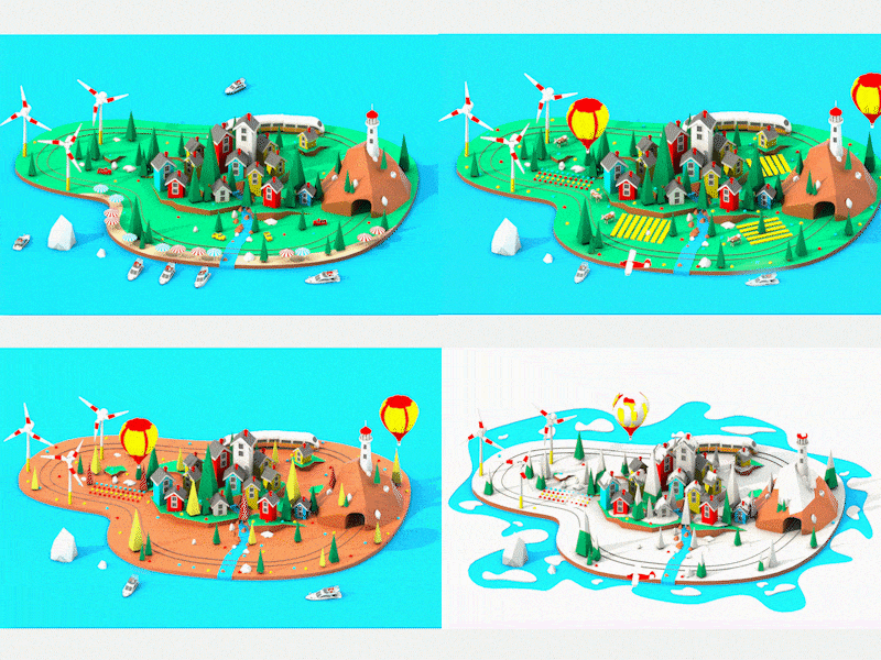 Seasons 3d animation building ca flat illustration landing page low poly r city town ui ux water web design
