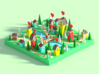 Love city 1 3d animation building car city flat illustration isometric landing page low poly ui ux water web design