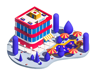 Hotel 3d animation arhitecture building city game hotel isometric low poly pool town trees web ui ux