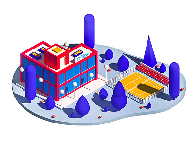 Office 3d animation buiilding city game illustration isometric low poly people town trees web design ui ux