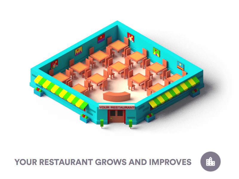 Your Restaurant grows and improves 3d 3d animation animation arhitecture building character city design game illustration isometric landing page low poly lowpoly people render restaurant typography ui ux web design