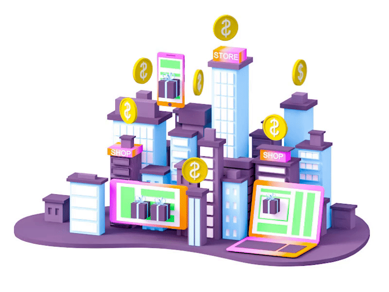 Shop online - animation 3d 3d animation arhitecture blockchain building city crypto flat game illustration isometric landing page lowpoly money render texture typography ui ux vector web design