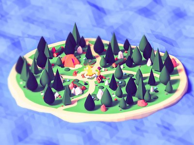 Campfire - island 3d 3d animation building character city design game illustration island isometric landing page low poly lowpoly people render texture ui ui ux vector web design