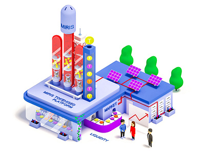 Miris Tokenised Platform 3d 3d animation building character conveying belt crypto data flat game graph illustration isometric landing page lowpoly machine people render ui ux vector web design