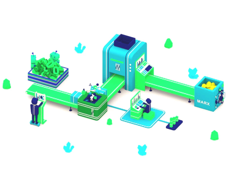 Transforming data into money - second color version 3d 3d animation arhitecture artificial intelligence blockchain building conveyor belt crypto flat game illustration isometric landing page lowpoly machine render texture ui ux vector web design